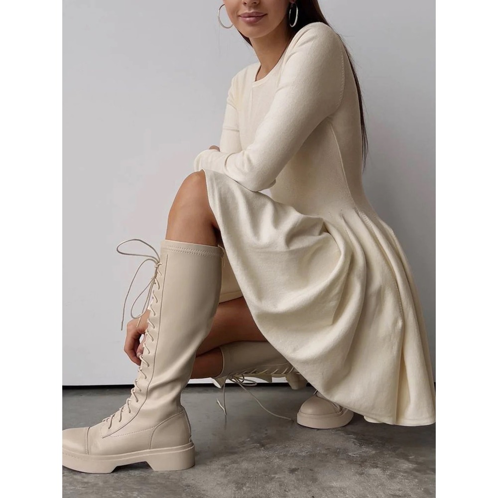 Commense Beige Sweater Dress Thick Pleated Long Sleeve Fit and Flare Mini M - Picture 6 of 7